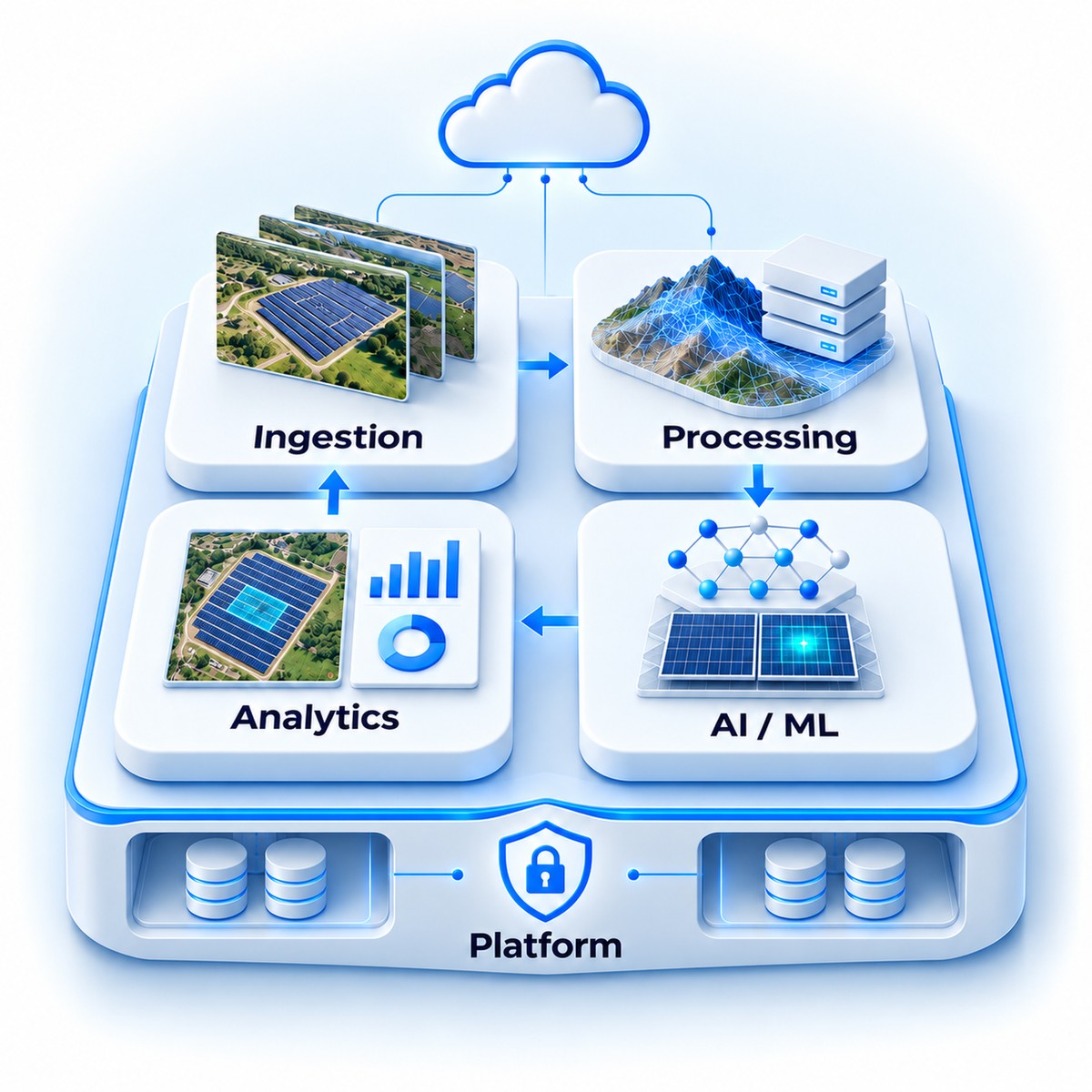 Architecture diagram showing the five service domains — Ingestion, Processing, AI/ML, Analytics, and Platform — and how data flows between them