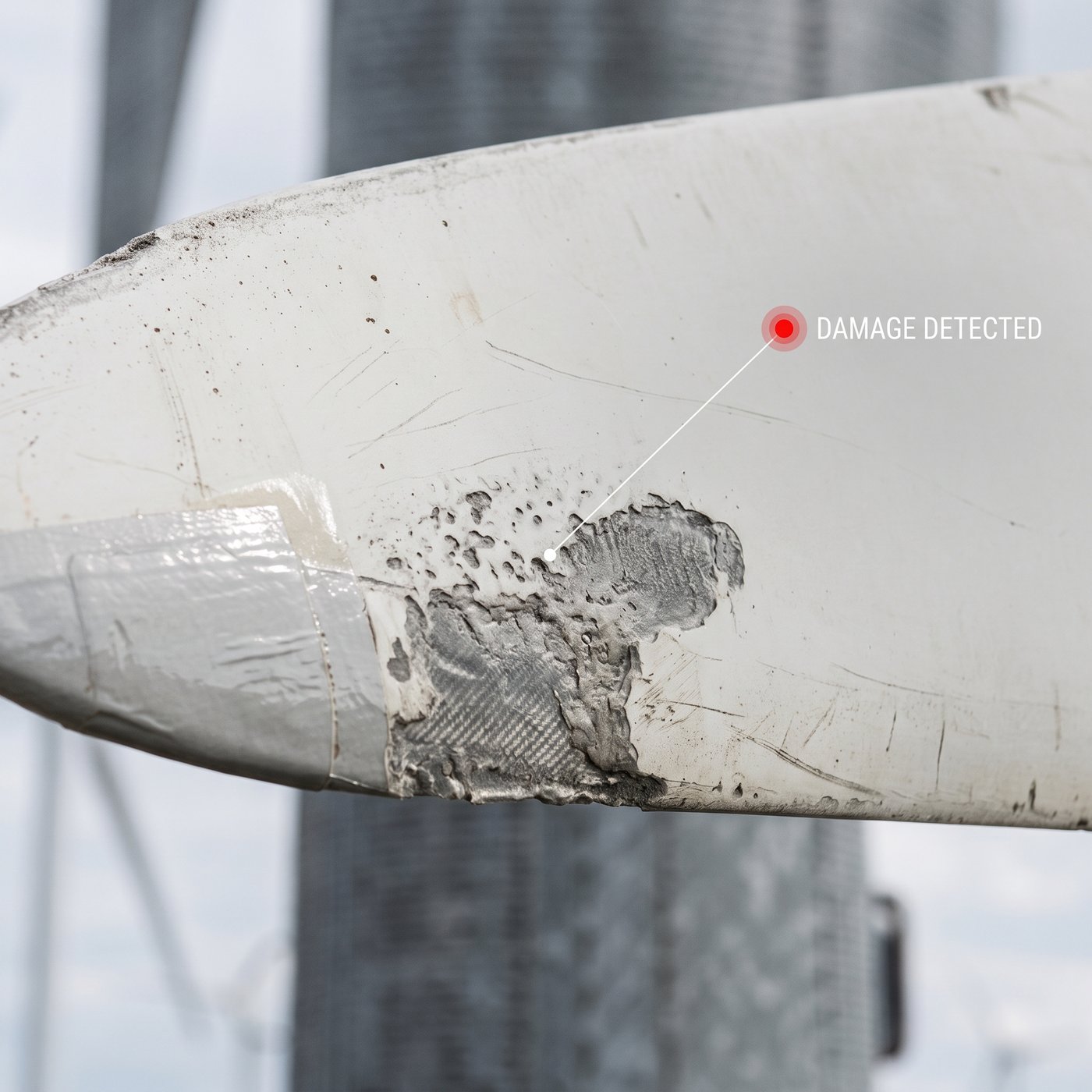 Close-up of turbine blade leading-edge erosion flagged as damage detected during an Aerox inspection