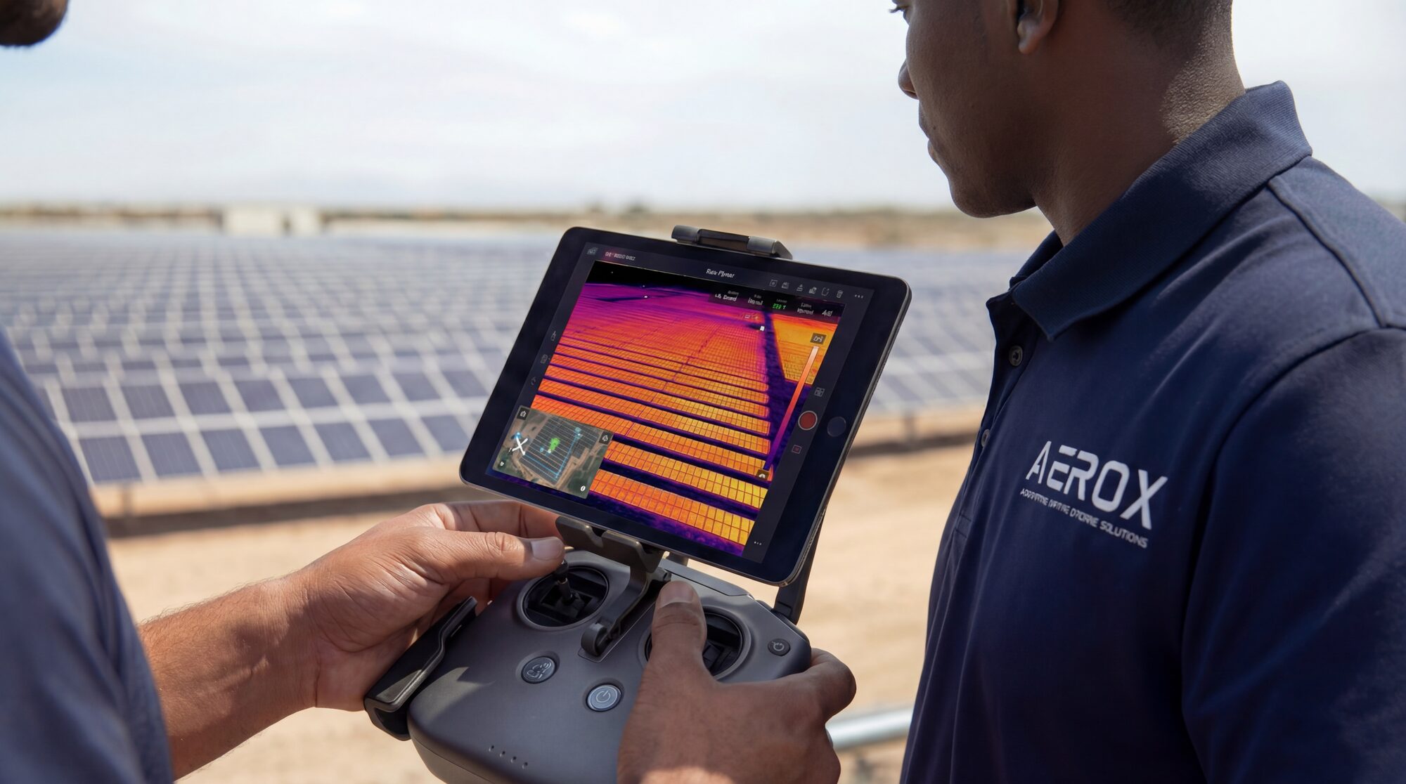 Aerox field technician reviewing a live thermal inspection feed on a controller tablet