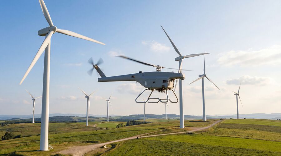 Inspection drone flying among wind turbines on a hillside wind farm