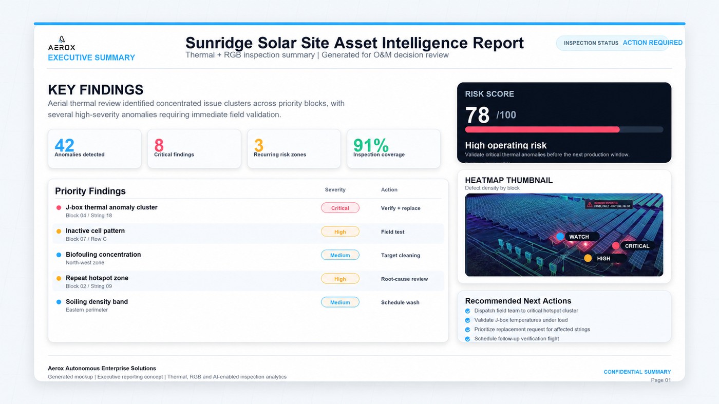 Sample Aerox executive summary report showing key findings, a risk score, and a defect heatmap thumbnail